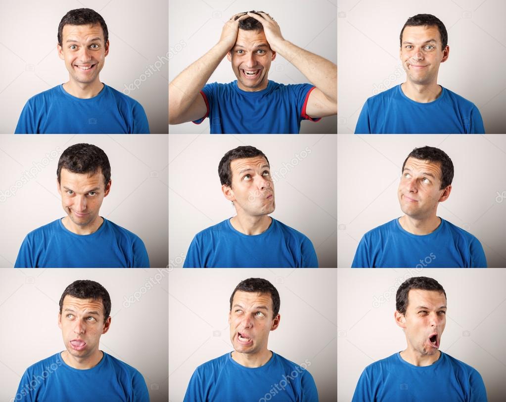 Composition of young man expressing different emotions