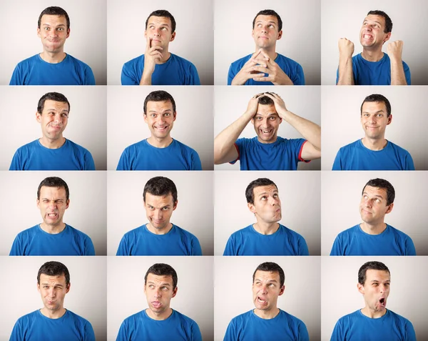 Komposition eines jungen Mannes, der unterschiedliche Emotionen ausdrückt — Stockfoto