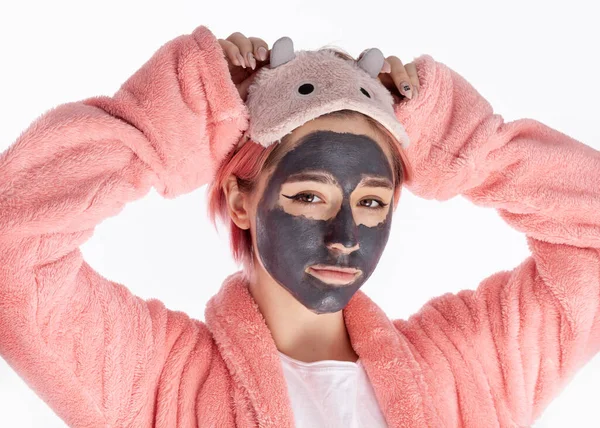 Smiling Girl Clay Face Mask Skin Care — Stock Photo, Image