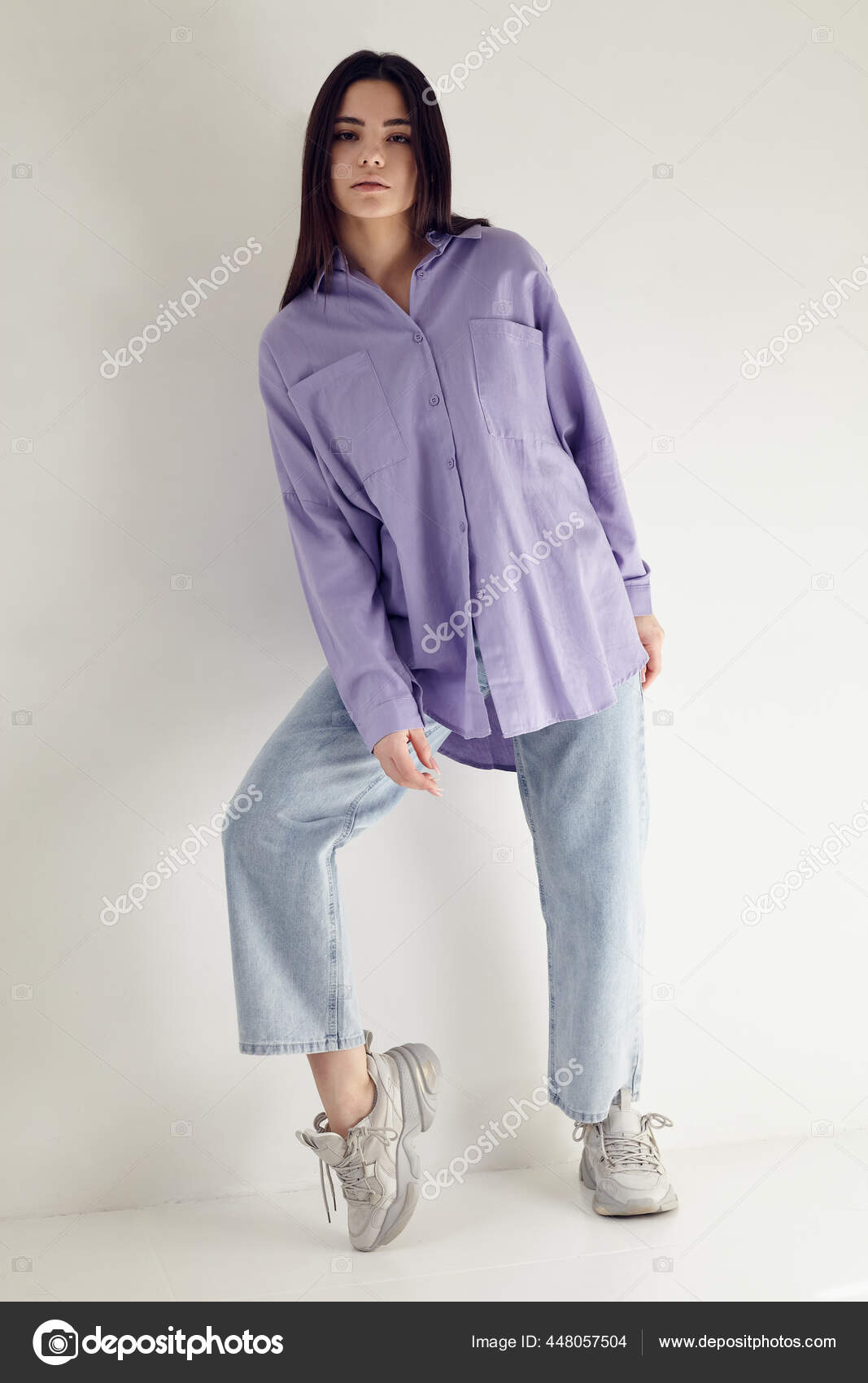 Blue Jeans And A Light Purple Shirt Beautiful Brunette Lilac Shirt