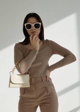 Güzel bir esmerin portresi şık bir bahar elbisesi içinde, gözlüklü ve çantalı.