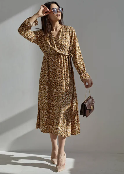 Renkli bir elbise içindeki güzel bir esmerin portresi. Çantalı ve aksesuarlı.