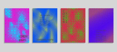 Asgari soyut vektör yarım ton kaplama şablonu. Geleceğin geometrik gradyan arkaplanı. Pankartlar, afişler, el ilanları, sunumlar ve raporlar için vektör şablonları