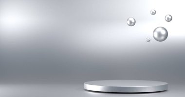 Boş alanı olan minimalist bir vitrin. Sergi ürünleri için boş podyum. 3B görüntüleme.