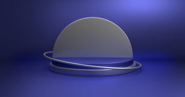 Boş alanı olan minimalist bir vitrin. Sergi ürünleri için boş podyum. 3B görüntüleme.