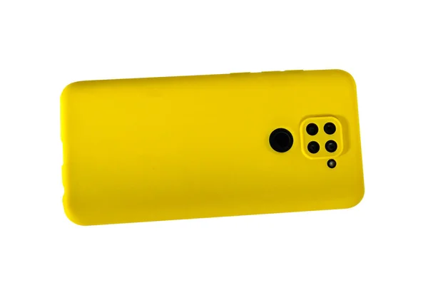 Smartphone Κίτρινη Θήκη Απομονώστε Λευκό Φόντο Close — Φωτογραφία Αρχείου