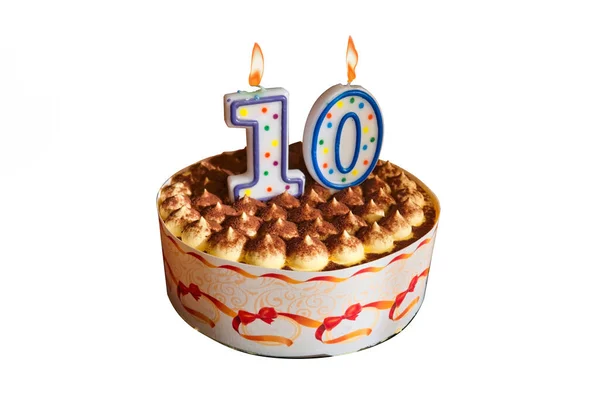 Tort Urodzinowy Uroczyste Ciasto Świeczkami Postaci Cyfr Izolować Białym Tle Obrazek Stockowy