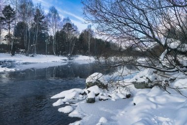 Nehirde akşam yemeği. Güzel kış manzarası. Kışın bir nehrin manzarası.