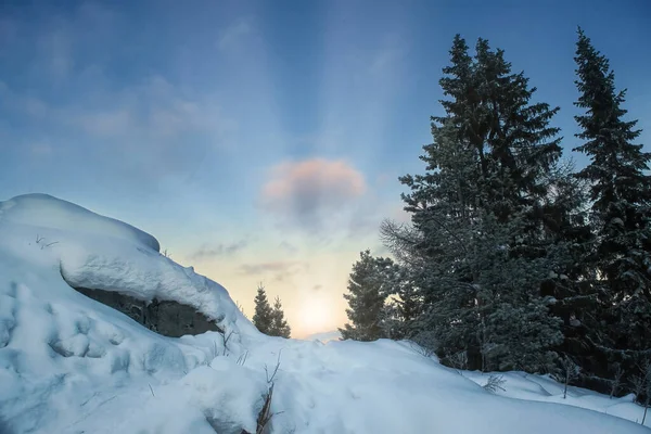 Coucher Soleil Soirée Hiver Dans Les Montagnes Coucher Soleil Hiver — Photo