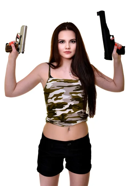 Schöne Frau mit Waffe — Stockfoto