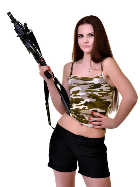 Schöne Frau mit automatischem Gewehr — Stockfoto