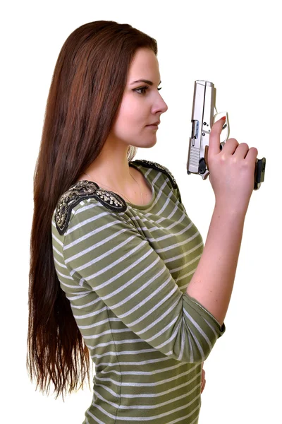 Schöne Frau mit Waffe — Stockfoto