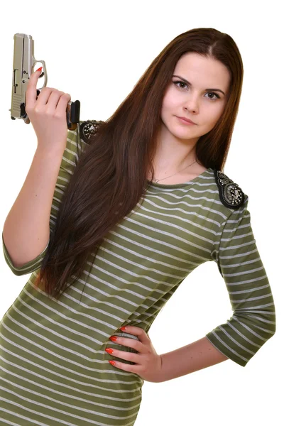 Beautiful woman with gun — Stok fotoğraf