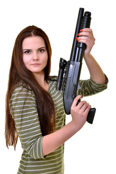 Beautiful woman standing with shotgun — Stock Photo, Image