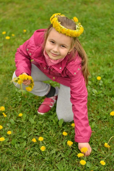 Jong meisje met paardebloem chaplet — Stockfoto