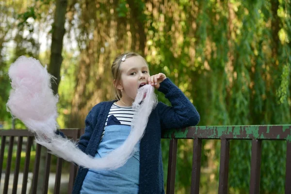 Adorable little girl eating candy-floss outdoors at summer — Stock Photo, Image
