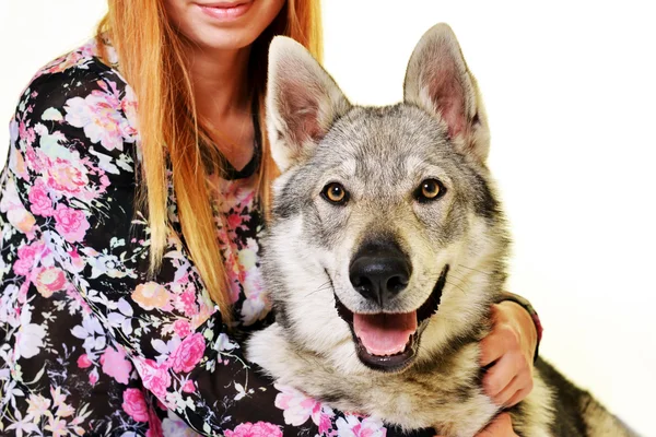 Donna con lupo cecoslovacco — Foto Stock