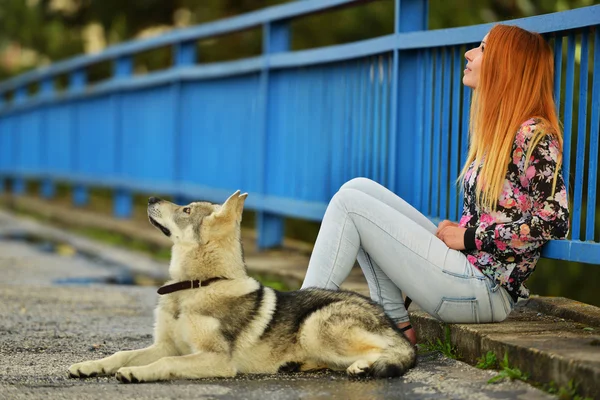 Mulher com czechoslovak wolfdog — Fotografia de Stock