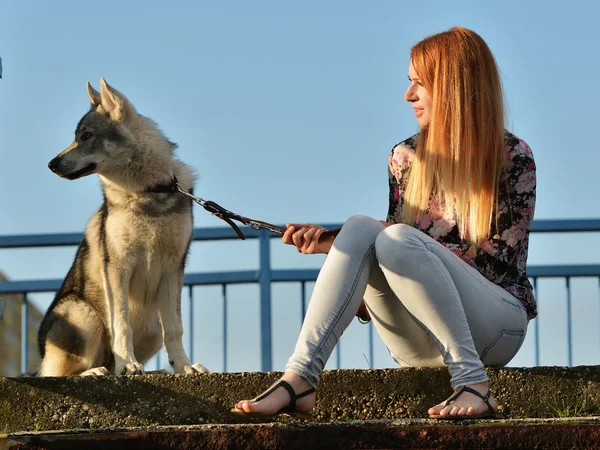 Donna con cane lupo cecoslovacco — Foto Stock