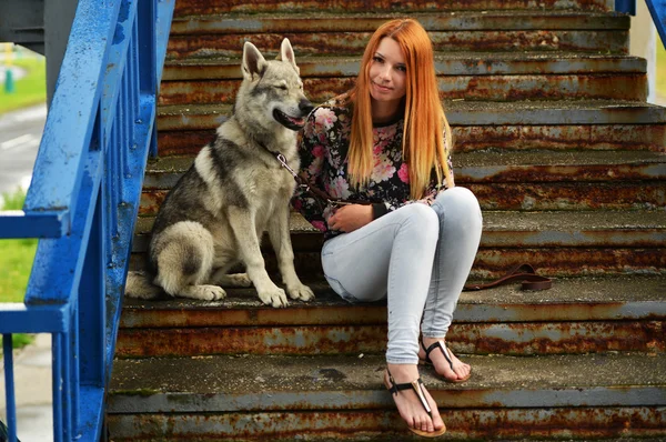 Donna con cane lupo cecoslovacco — Foto Stock