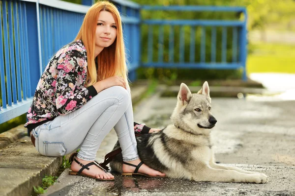 Γυναίκα με Τσεχοσλοβακίας wolfdog — Φωτογραφία Αρχείου