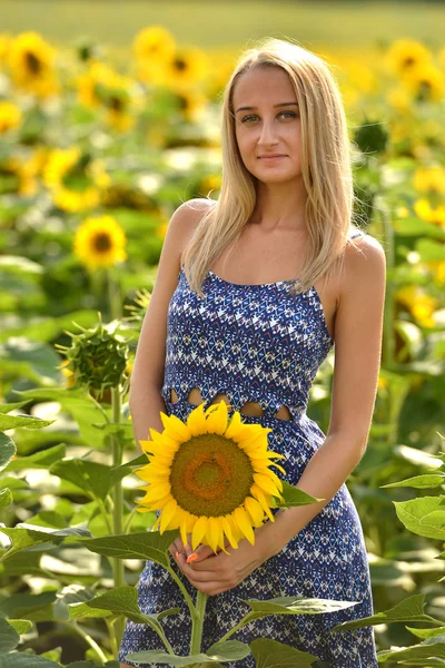 Vacker kvinna omgiven av solrosor — Stockfoto