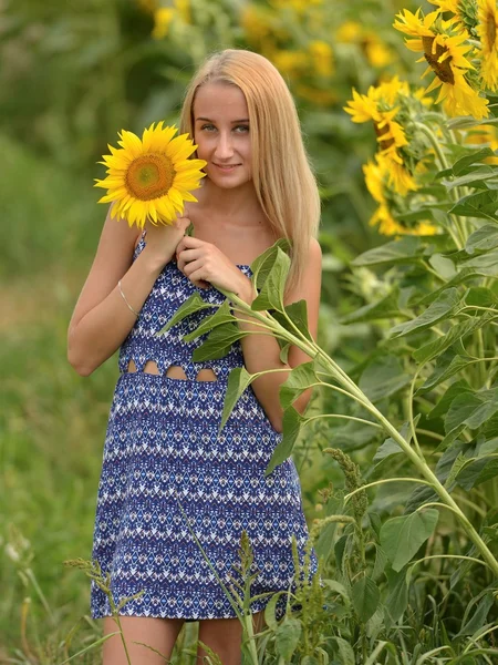 Beautiful woman surrounded by sunflowers — Stock Photo, Image