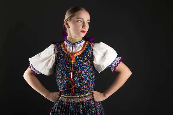 Young Beautiful Slovak Woman Traditional Costume Slovak Folklore — Stock Photo, Image