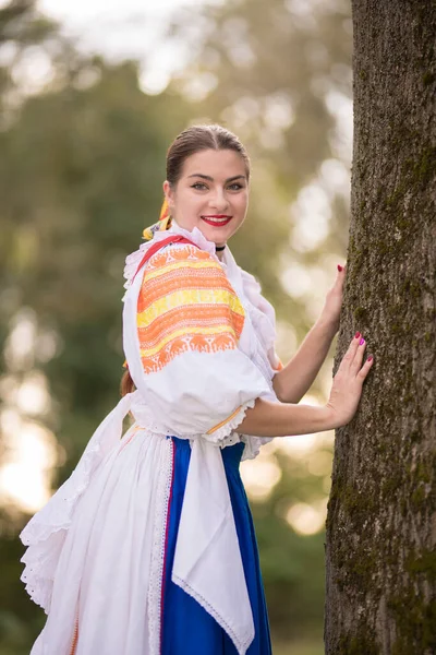 Detail Des Frauenkleides Sie Trägt Traditionelle Osteuropäische Trachten Slowakische Folklore — Stockfoto