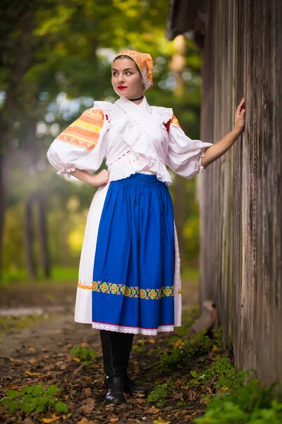 Detalhe Vestido Mulher Ela Está Vestindo Trajes Tradicionais Europa Oriental — Fotografia de Stock