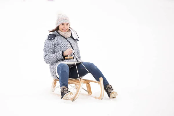 Young Beautiful Woman Sled — Stock Photo, Image