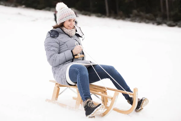 Young Beautiful Woman Sled — Stock Photo, Image