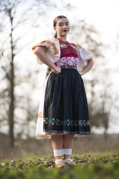 Młoda Piękna Słowianka Tradycyjnej Sukience Słowacki Folklor — Zdjęcie stockowe