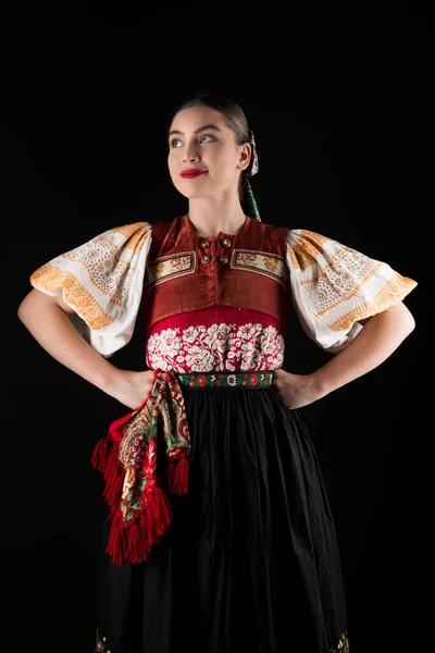 Ung Vacker Slogan Kvinna Traditionell Klänning Slovakiska Folklore — Stockfoto