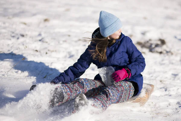 Happy Little Girl Sliding Hill — Stock Photo, Image