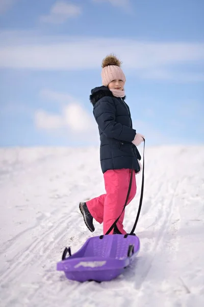 Menina Com Trenó Inverno — Fotografia de Stock