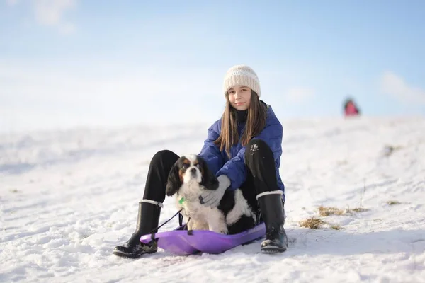 冬天带雪橇的小女孩 — 图库照片