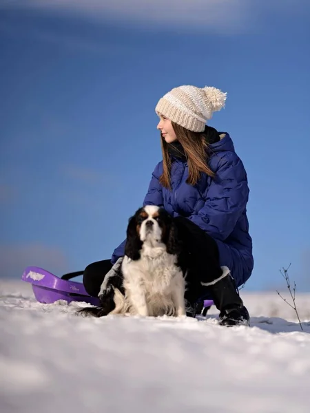 Klein Meisje Met Slee Winter — Stockfoto