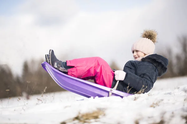 Little Girl Sled Winter — Stock Photo, Image
