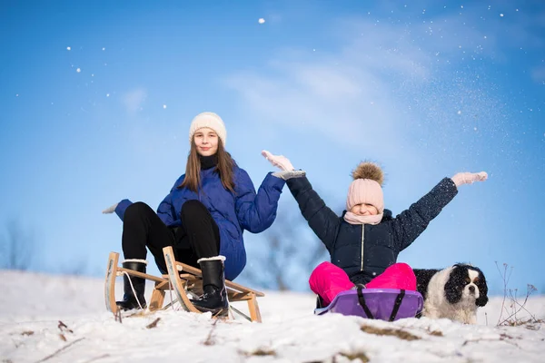 Twee Meisjes Met Sleeën Hond Winter — Stockfoto