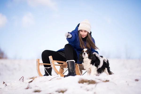 Menina Com Trenó Inverno — Fotografia de Stock