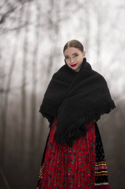 Geleneksel Slovak Folklor Kostümlü Güzel Kadın.