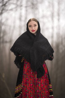 Geleneksel Slovak Folklor Kostümlü Güzel Kadın.