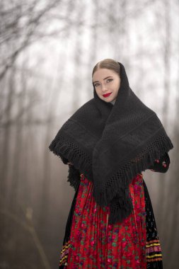 Geleneksel Slovak Folklor Kostümlü Güzel Kadın.