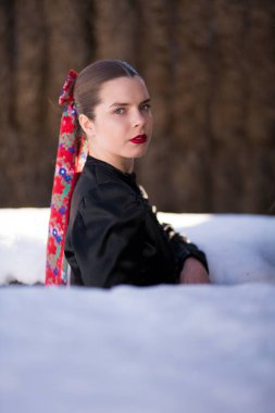 Geleneksel elbiseli, güzel, Slovak kadın. Slovakça folklor