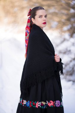 Geleneksel elbiseli, güzel, Slovak kadın. Slovakça folklor