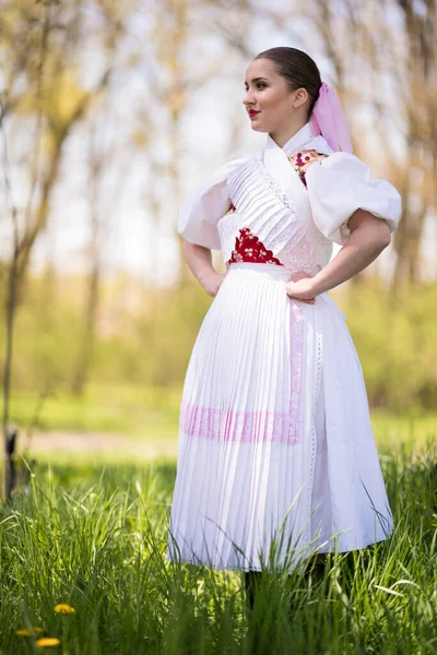 Geleneksel Slovak Folklor Kostümlü Güzel Kadın — Stok fotoğraf