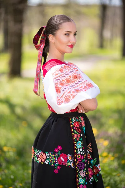 Hermosa Mujer Tradicional Eslovaco Folklore Traje Posando Aire Libre —  Fotos de Stock