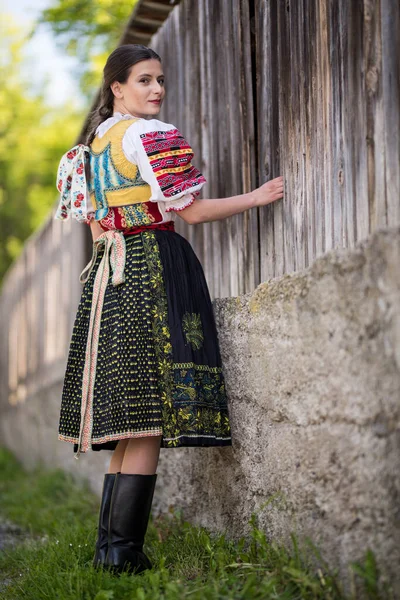 Młoda Piękna Słowianka Tradycyjnej Sukience Słowacki Folklor — Zdjęcie stockowe