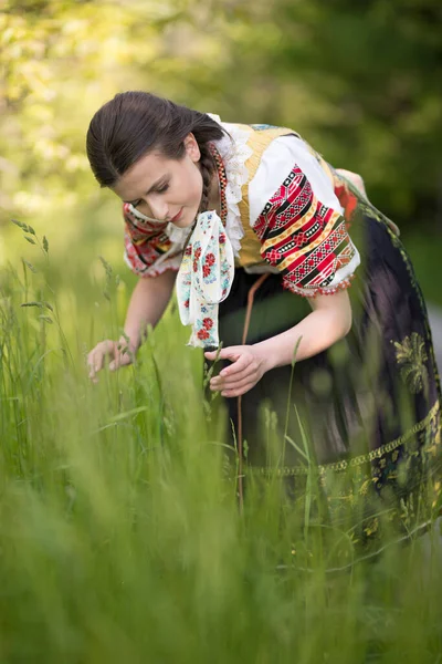 Jovem Bela Mulher Eslovaca Vestido Tradicional Folclore Eslovaco — Fotografia de Stock